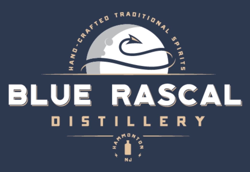 Blue Rascal Distillery logo with moon illustration.